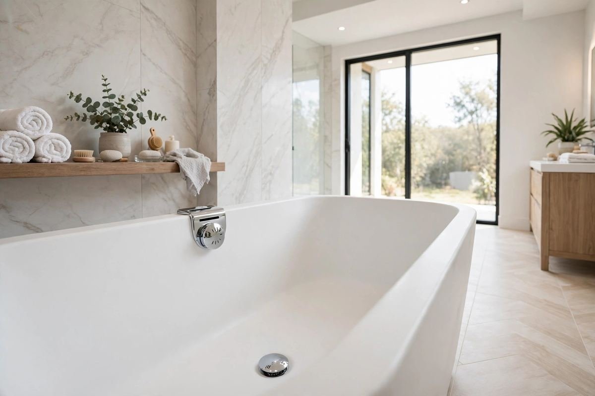 Clean modern bathtub with chrome drain and overflow plate