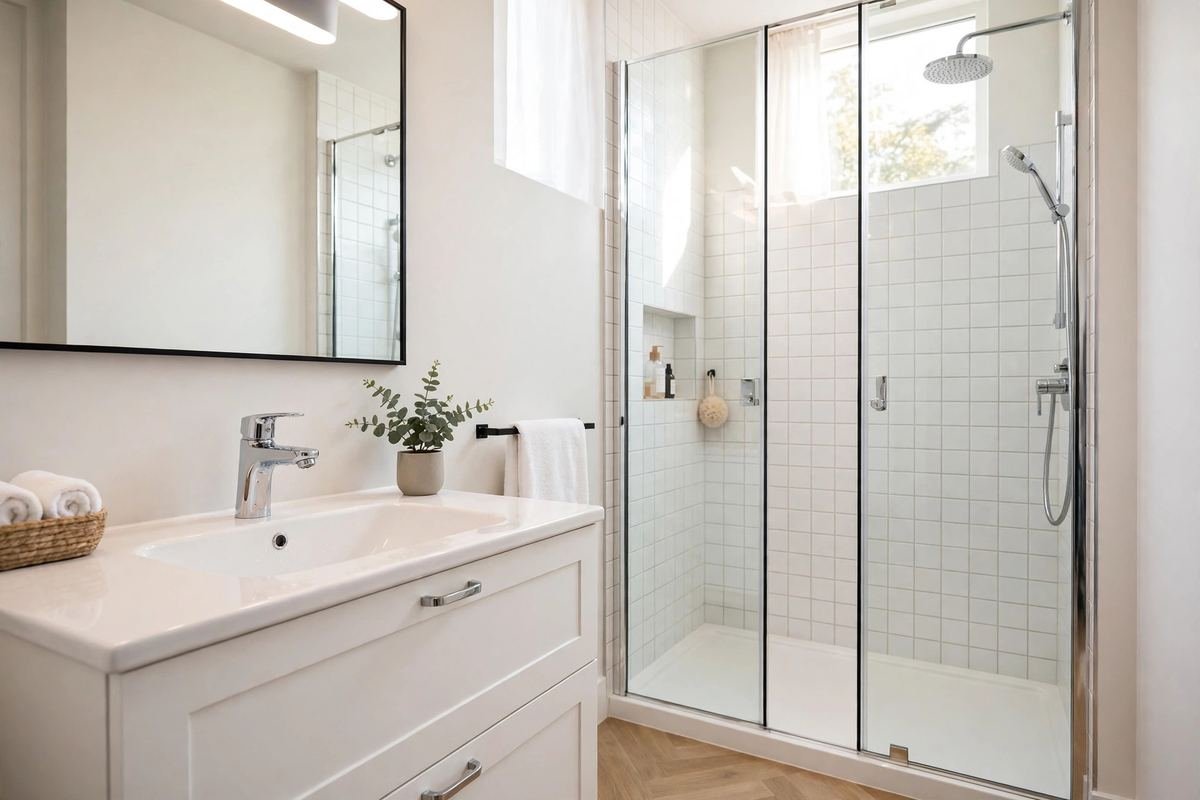 Bright modern bathroom with clean white sink, chrome faucet, and tiled shower