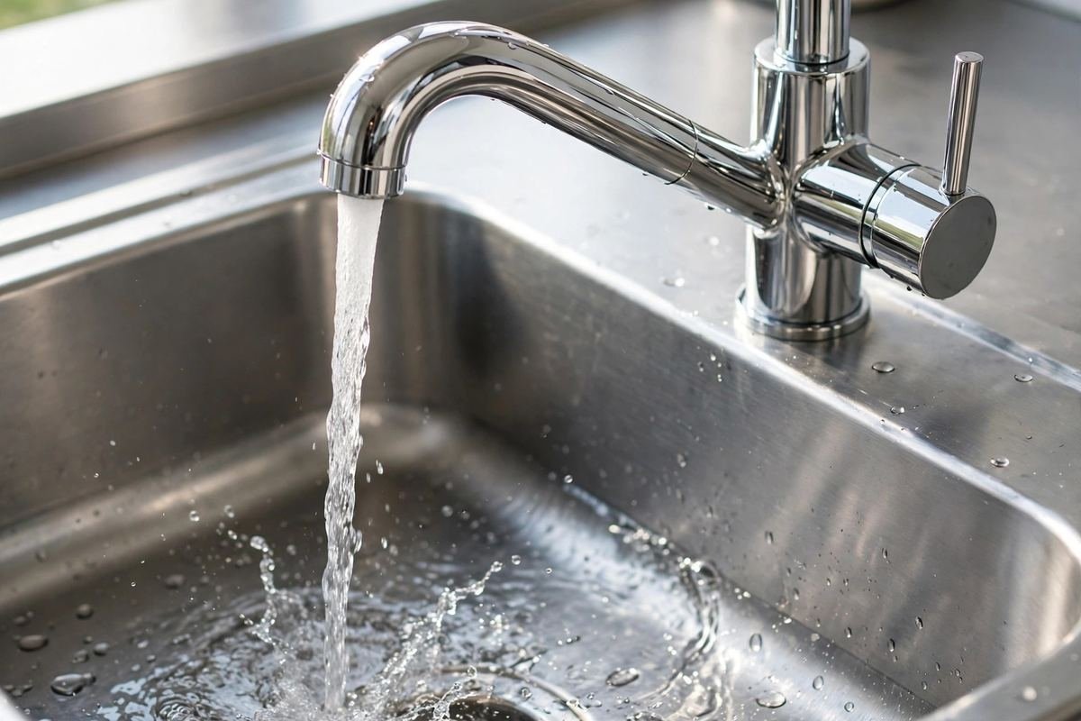 Modern chrome kitchen faucet with water running into a stainless steel sink