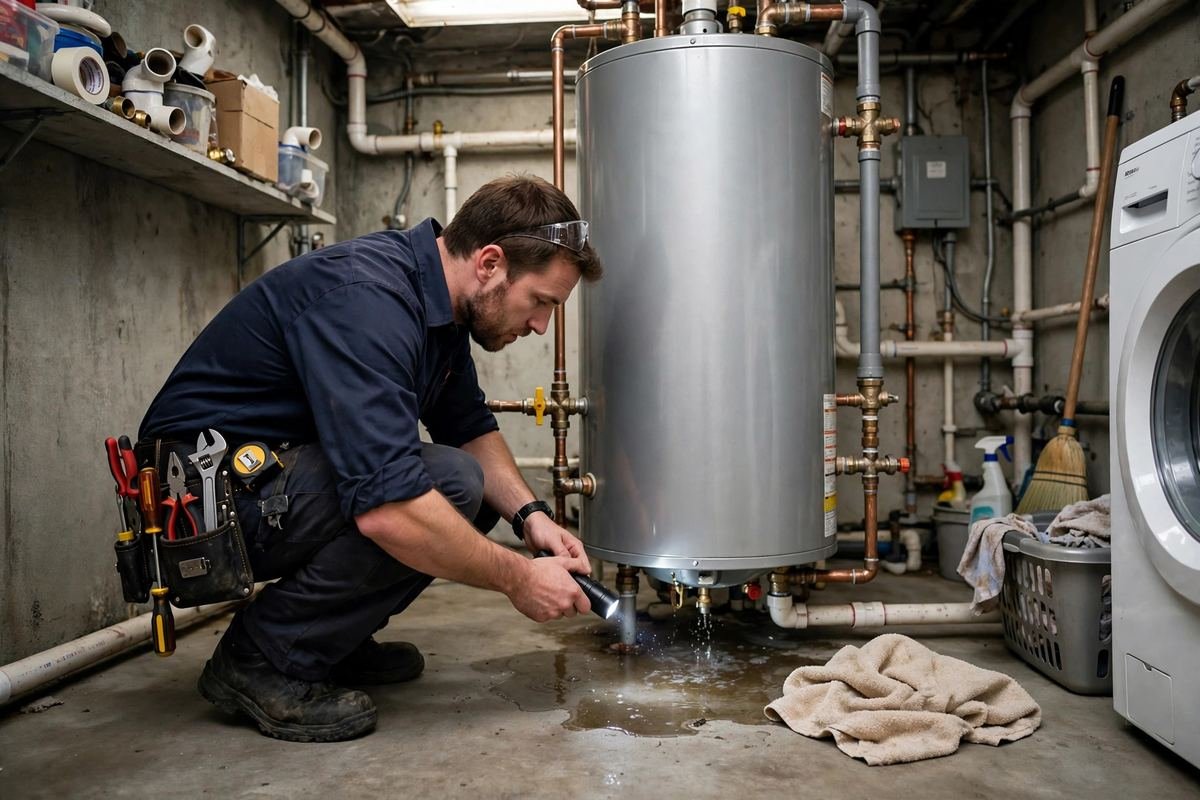 Plumber inspecting a leaking water heater base in a utility room