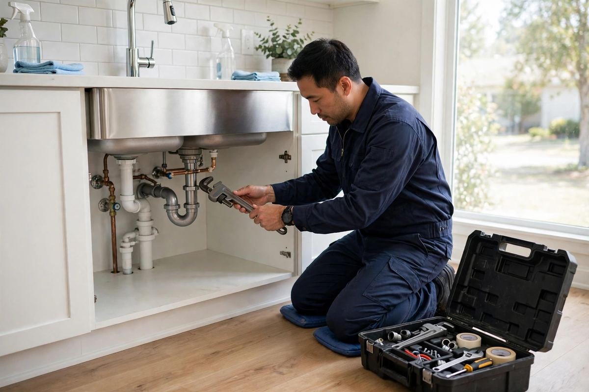 Plumber repairing pipes under a kitchen sink in a Dedham home