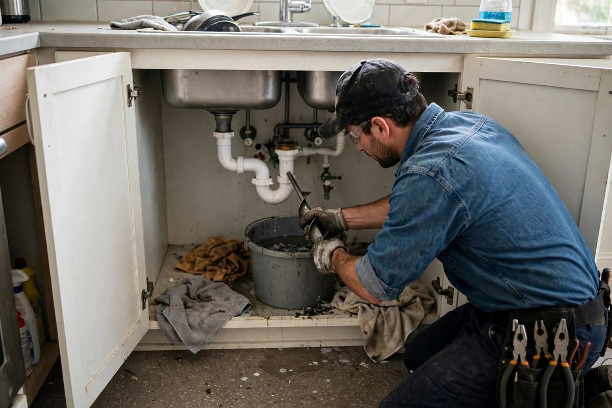 Plumber clearing a kitchen sink drain with a hand auger