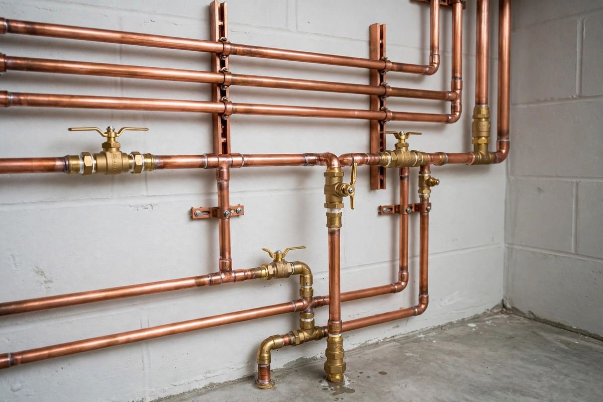 Neat copper water supply pipes with brass fittings on a basement wall