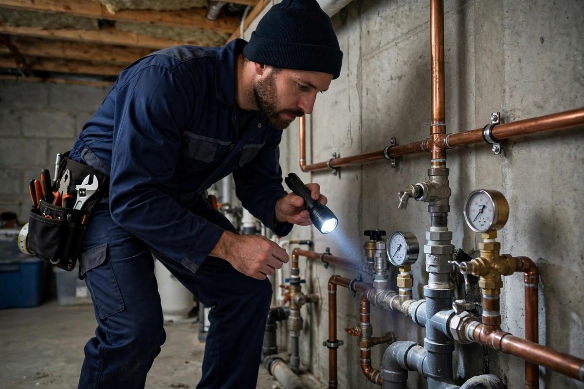 Plumber inspecting exposed water pipes and a pressure gauge in a basement