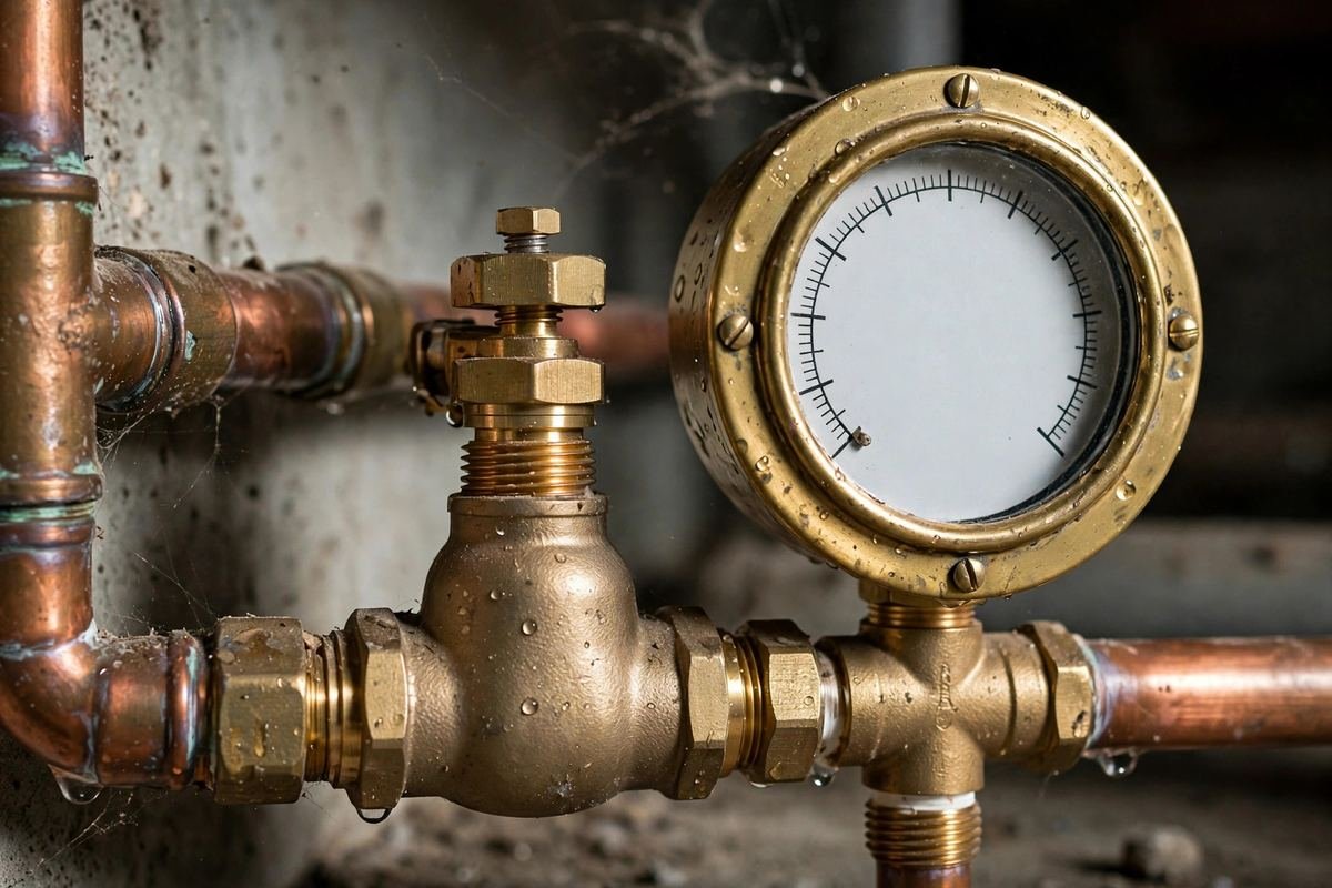 Brass water pressure gauge and pressure reducing valve on a home water main line