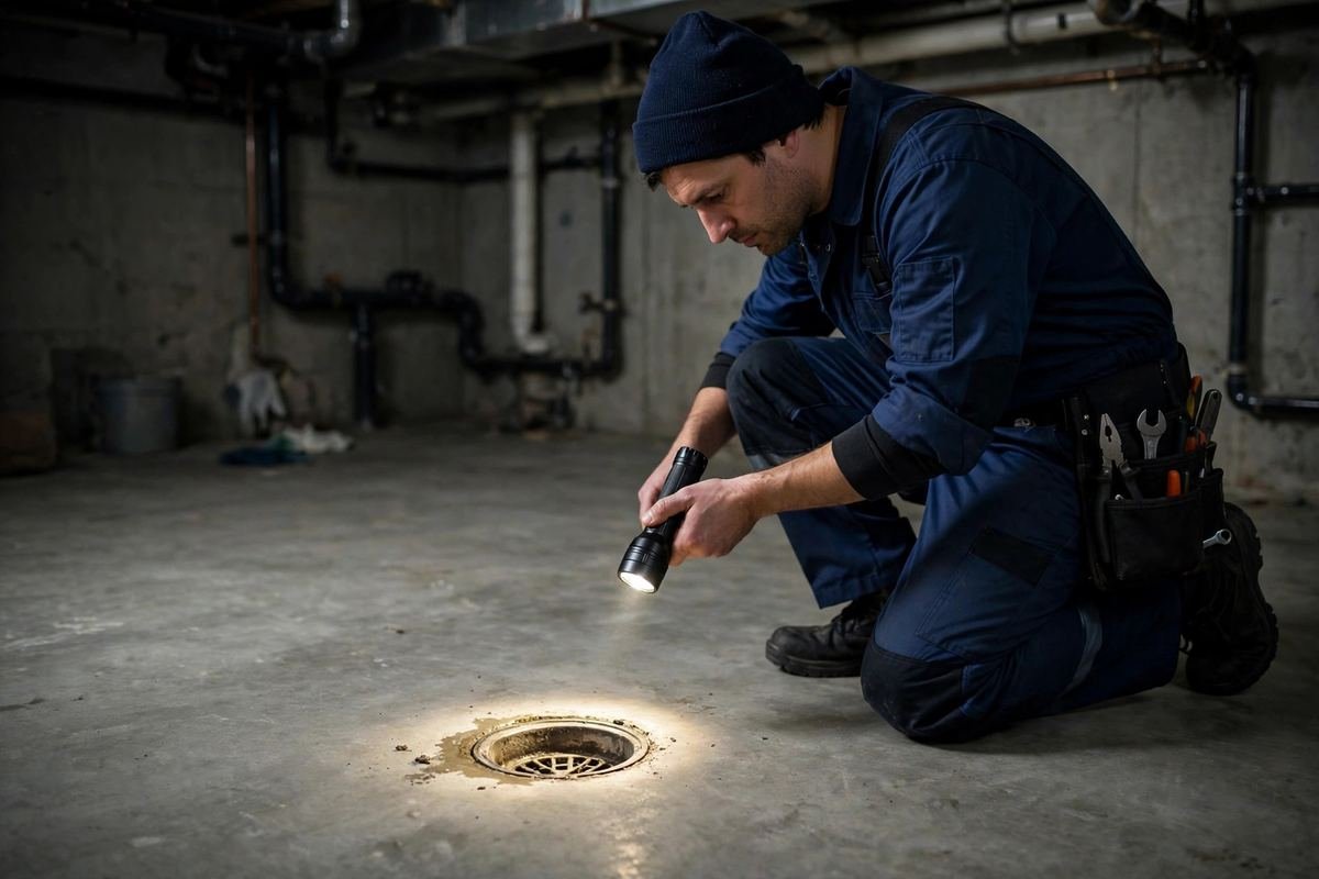 Plumber inspecting a basement floor drain with a flashlight