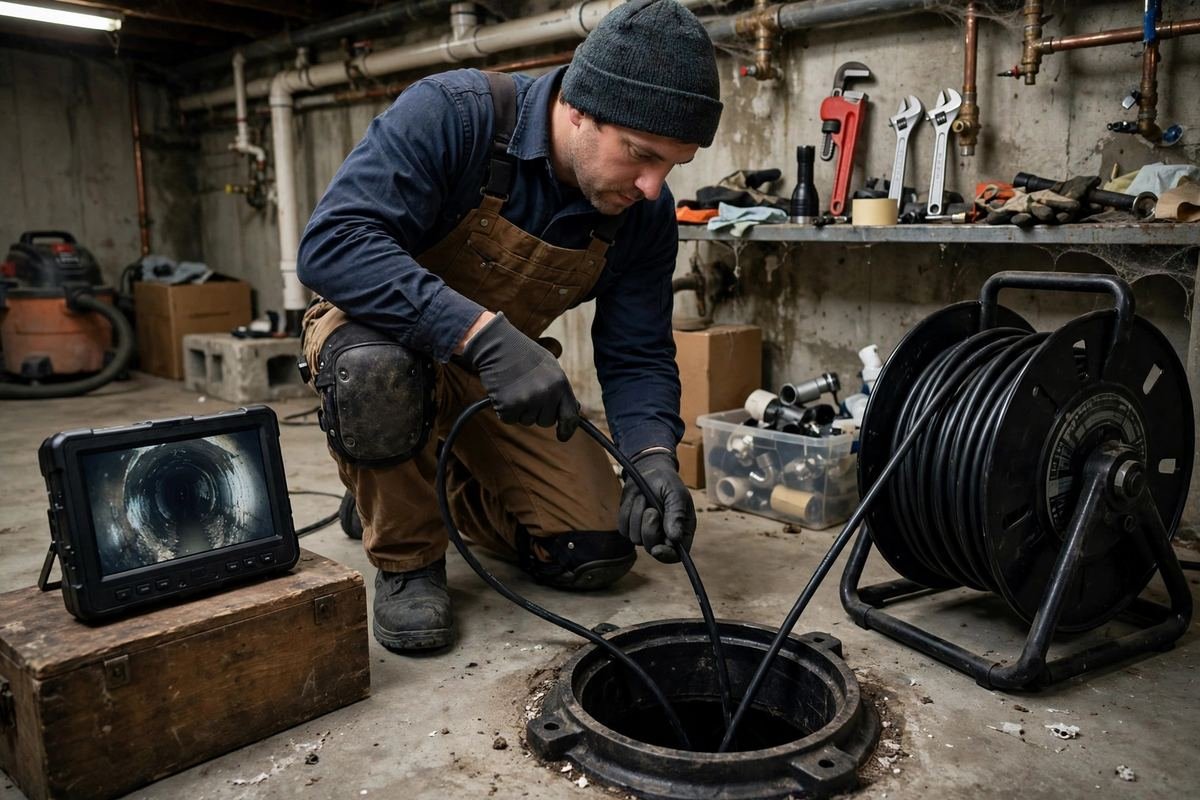 Plumber feeding a sewer camera cable into a cleanout pipe in a basement