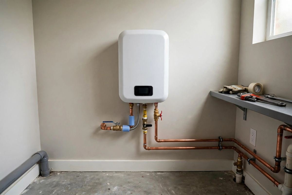 Compact wall-mounted tankless water heater with copper and gas connections