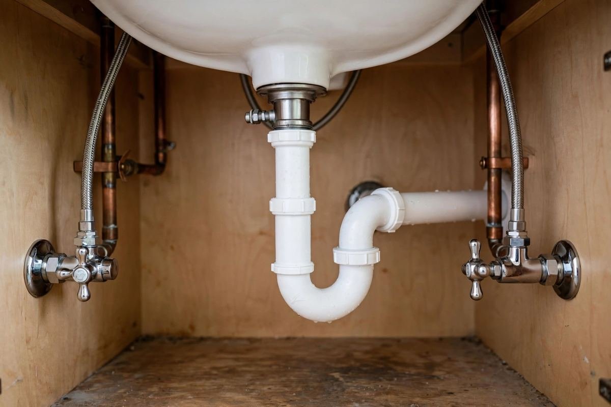 Clean white P-trap and drain assembly under a bathroom sink with chrome shut-off valves